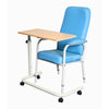 Image of Blue High Back Day Chair with Adjustable Seat Height and Depth with removable wooden tray and wheeled base