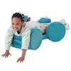 Image of Child Prone Mobility Scooter with Positioning Supports Jettmobile child lying prone on blue mobility scooter with padded supports and wheels