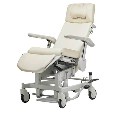 Clinical Convalescent Recliner Chair with Lift-Up Seat, reclined position with extended leg rest and cushioned upholstery