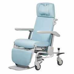 Clinical Convalescent Recliner Chair with Tilt and Legrest angled view, light blue upholstery, adjustable back and legrest