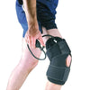 Image of Cold Compression Knee Wrap Reusable Knee Ice Pack worn on knee with adjustable straps and compression pump