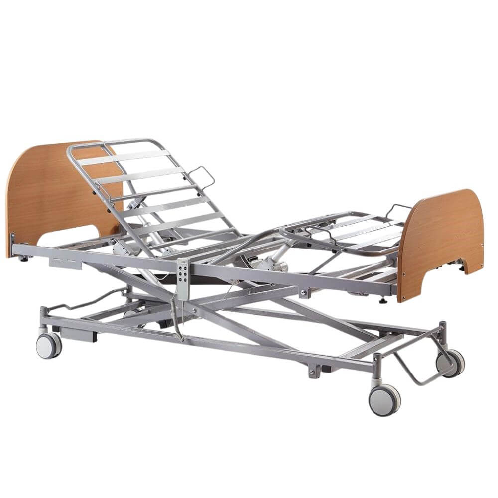 Electric High Low Adjustable Care Bed with Backrest and Kneebend featuring metal frame, wooden ends and castor wheels