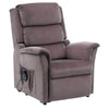 Image of Electric Lift Recliner Chair with Dual Motor - Petite upright brown fabric recliner with plush cushions and armrests