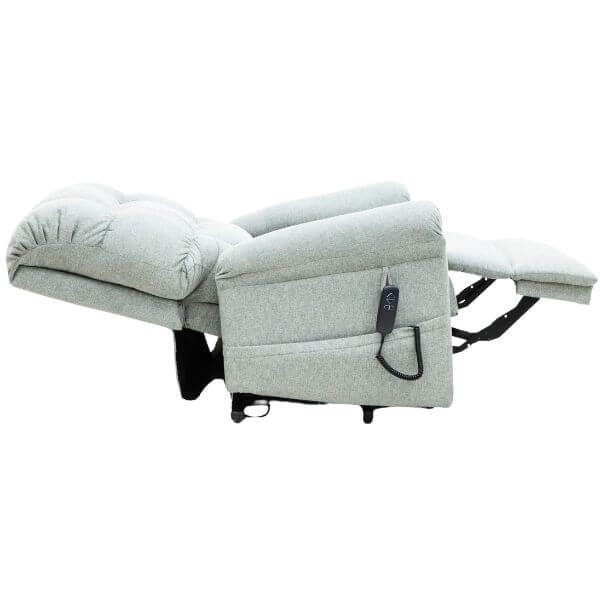 Electric Lift Recliner for Comfort Fabric Ash Fully Extended Side View