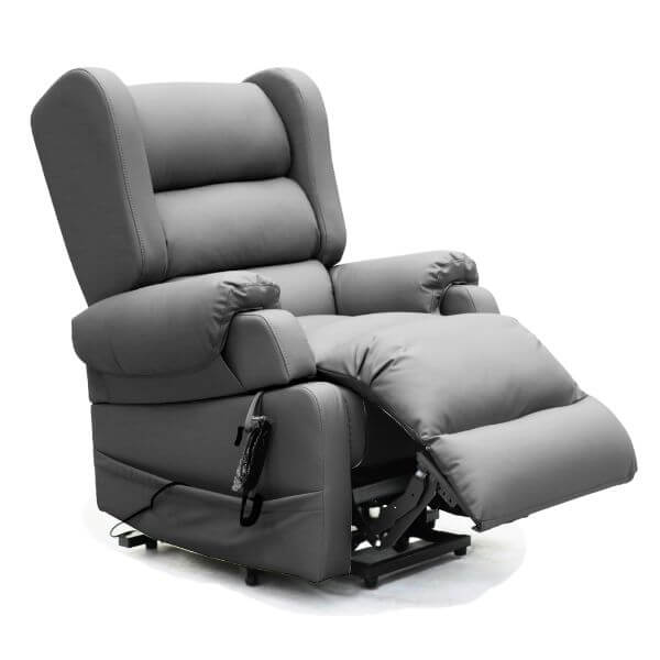 Electric Lift Recliner for Everyday Relaxation Leather Dark Grey NE View with Legs Extended