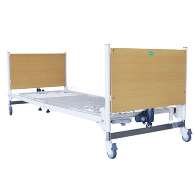 Electric Pull-Apart Homecare Bed with High Low and Trendelenburg assembled with wood headboard and footboard on castors