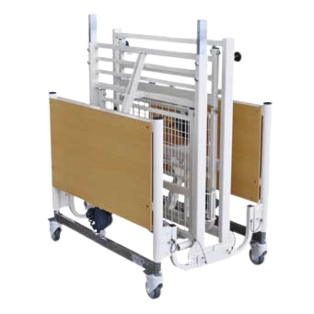 Electric Pull-Apart Homecare Bed with High Low and Trendelenburg shown separated for transport with metal frame and wheels