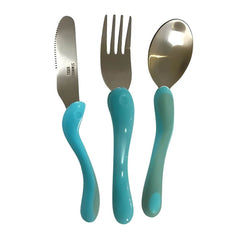 Ergonomic Self Feeding Spoon for Children with Reduced Dexterity Homecraft Caring Cutlery spoon, knife and fork set with curved blue handles