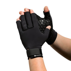 Fingerless Thermal Compression Gloves for Sensitive Hands black fingerless gloves worn on hands with textured palm grip