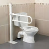 Image of Floor Mounted Folding Support Rail Adjustable Height lowered beside toilet for accessible bathroom support
