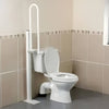 Image of Floor Mounted Folding Support Rail Adjustable Height raised beside toilet in upright position