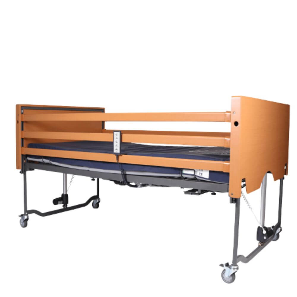 Folding Electric Profiling Bed for Community and Aged Care folded flat with wooden side panels and castor wheels