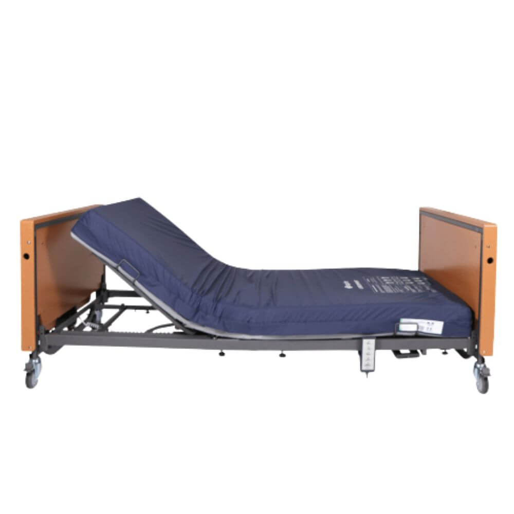 Folding Electric Profiling Bed for Community and Aged Care fully extended with adjustable backrest and leg sections