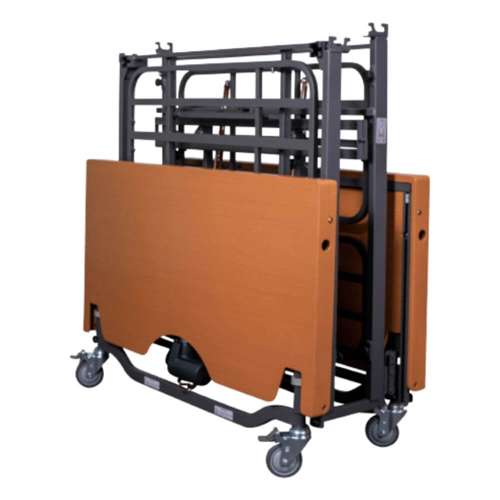 Folding Electric Profiling Bed for Community and Aged Care fully folded upright on wheels for storage and transport