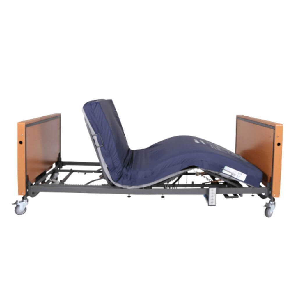 Folding Electric Profiling Bed for Community and Aged Care partially folded side view showing adjustable mattress platform