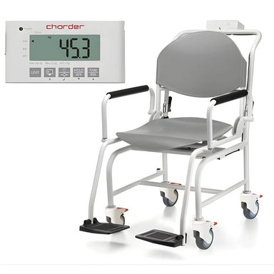 Folding Medical Chair Scale 250kg clinical weighing chair showing digital display, armrests, and foot supports