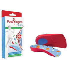 Footlogics Kids Orthotic Insoles for Flat Feet and Fallen Arches red and blue children’s insole set with box