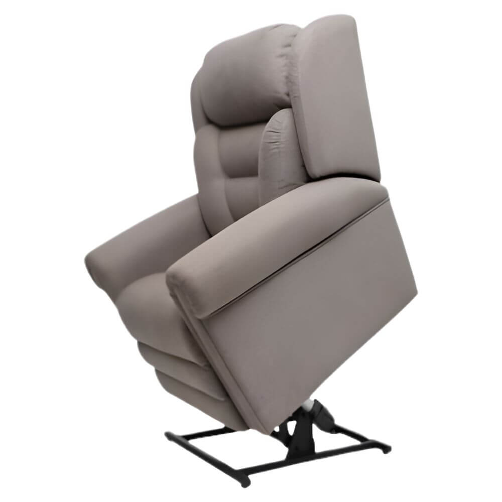 Four Motor Lift Recliner Chair with Adjustable Headrest and Lumbar shown in lifted reclining position with extended footrest