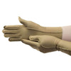 Image of Full Finger Compression Gloves for Arthritis and Edema beige stretch gloves worn on hands showing snug fit