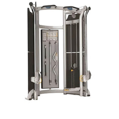 Functional Trainer Cable Machine with Multi Grip Pull Up Bar front view with dual weight stacks and cable attachments