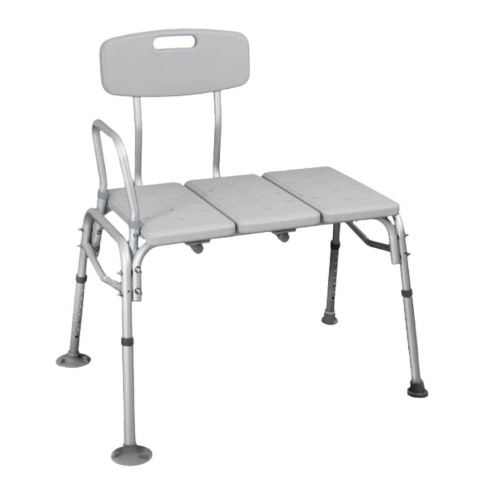 Grey Aluminium Bath Transfer Bench with Backrest and Grab Rail featuring adjustable legs and perforated seat panels