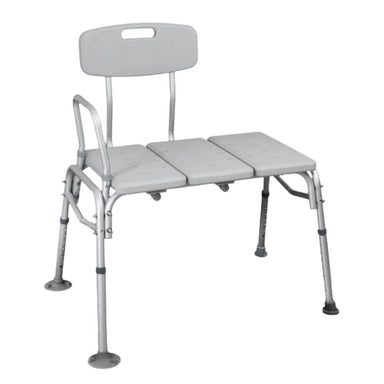 Grey Aluminium Bath Transfer Bench with Backrest and Grab Rail featuring adjustable legs and perforated seat panels