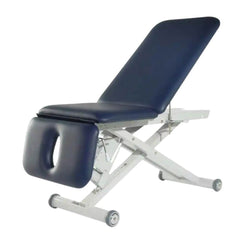Healthtec 3 Section Electric Treatment Table Adjustable and Australian Made with blue upholstery and face hole