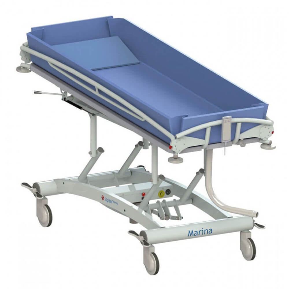 Hydraulic Shower Trolley with Adjustable Height and Side Rails blue padded surface on wheeled frame