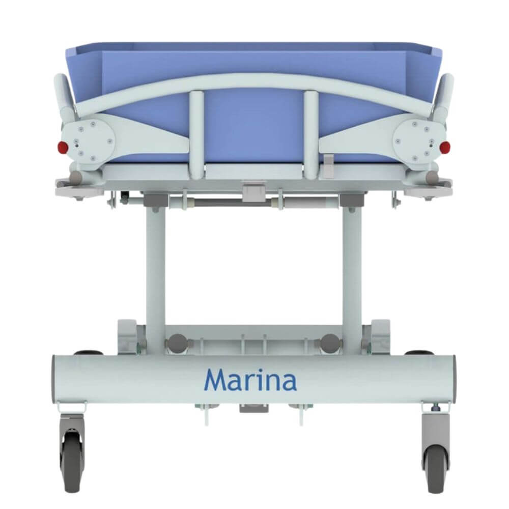 Hydraulic Shower Trolley with Adjustable Height and Side Rails raised side rails and headrest on mobile base