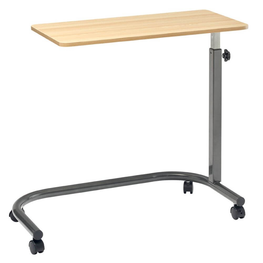 King Overbed Table with Gas Lift 90 x 39cm overbed table with light wood top and grey wheeled base