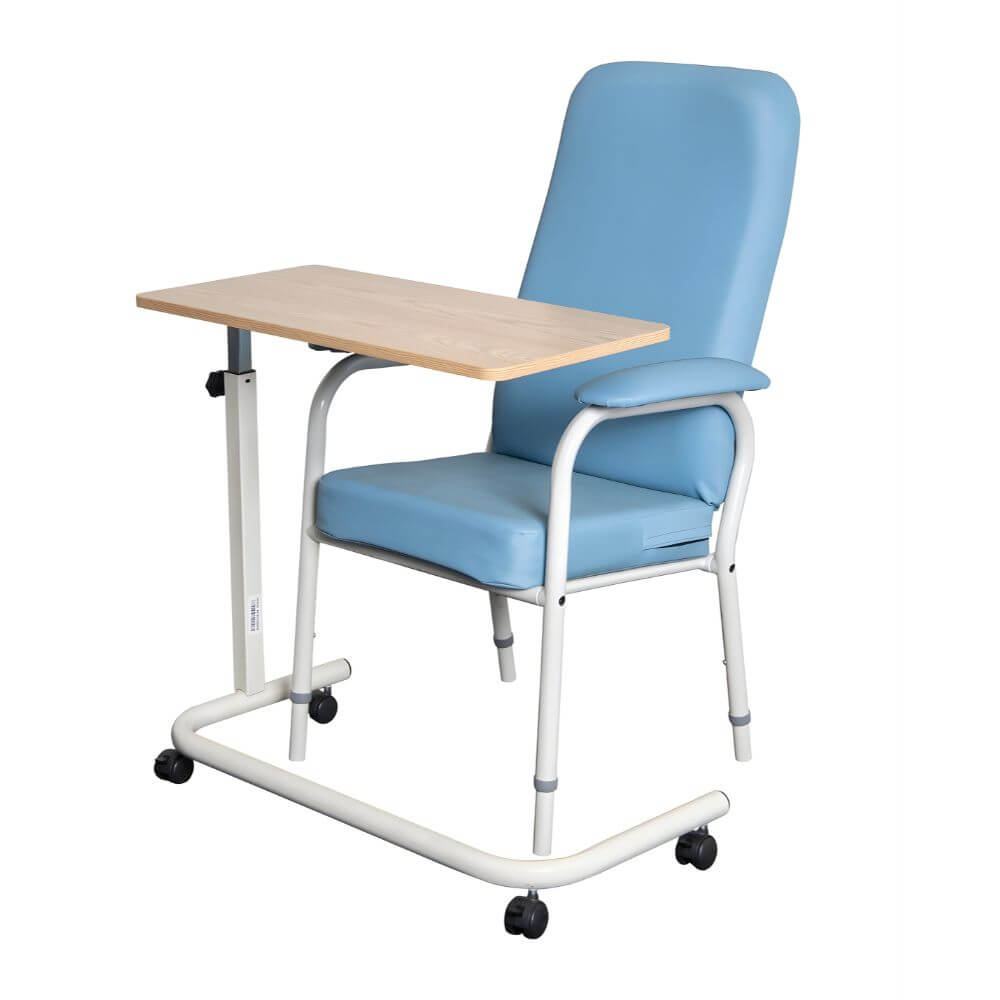 King Overbed Table with Gas Lift 90 x 39cm positioned in front of chair for seated use