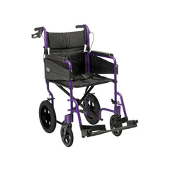 Lightweight Folding Transit Wheelchair with Attendant Brakes in purple with padded seat and footrests