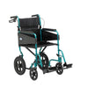 Image of Lightweight Folding Transit Wheelchair with Attendant Brakes in teal with padded seat and footrests