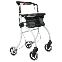 Lightweight Indoor Rollator Walker with One Hand Brake white frame with tray table and mesh storage basket