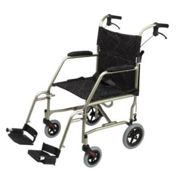 LightweightTransit Wheelchair with Seatbelt & Brakes Gold Side 2