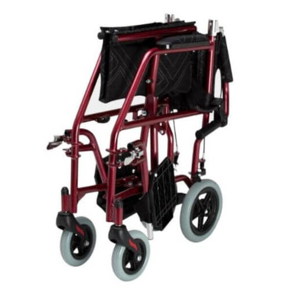LightweightTransit Wheelchair with Seatbelt & Brakes Red Folded