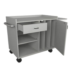 Lockable Splint Storage Cart with Flip Up Shelf open drawer and cabinet showing internal storage compartments