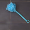 Image of Long Handled Net Bath Sponge Body Washer for Shower and Bath on dark tiles with extra long handle