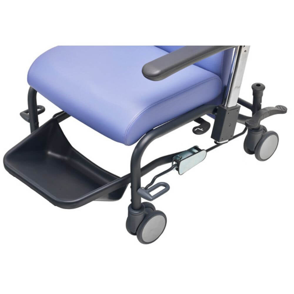 Mobile Clinical Transfer Chair with Reclining Backrest close-up of padded seat base foot tray and medical grade wheels