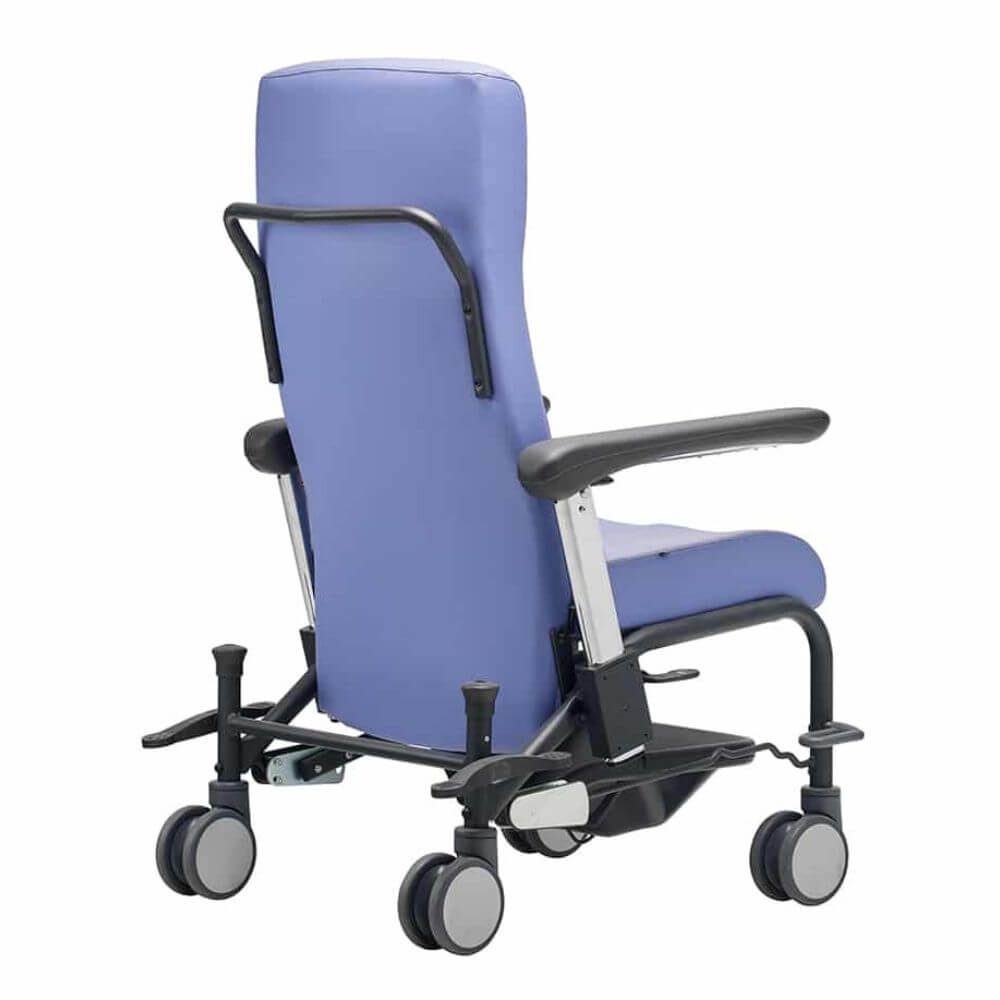 Mobile Clinical Transfer Chair with Reclining Backrest rear view showing high back support push handle and caster wheels