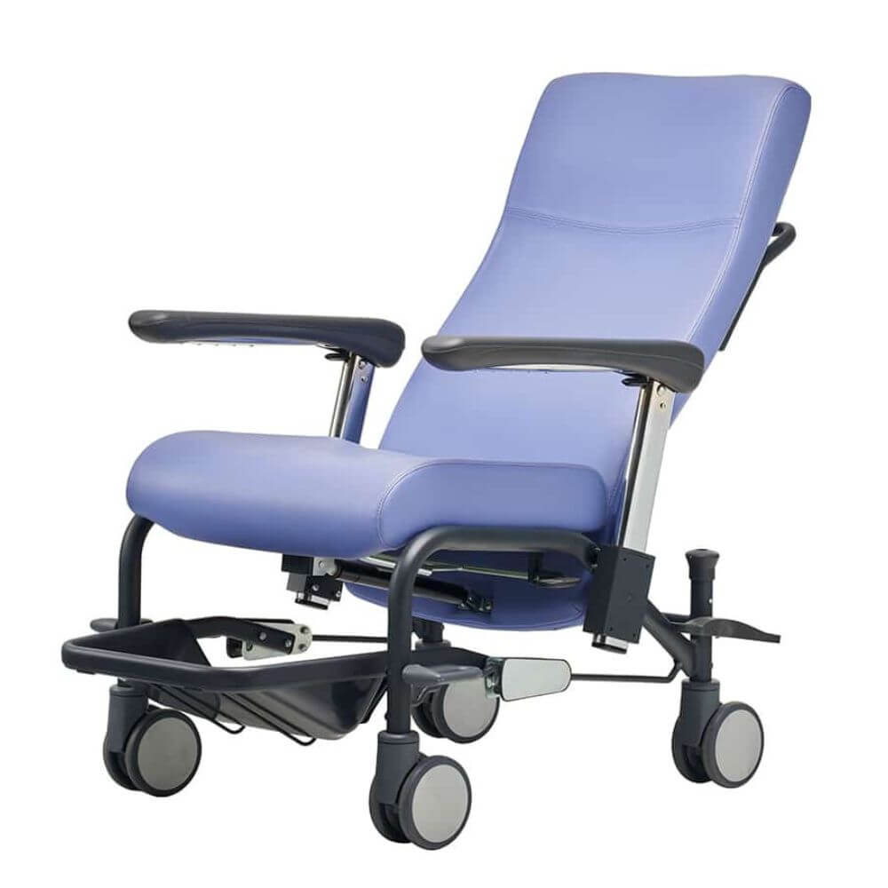 Mobile Clinical Transfer Chair with Reclining Backrest showing reclined position with padded seat armrests and medical casters