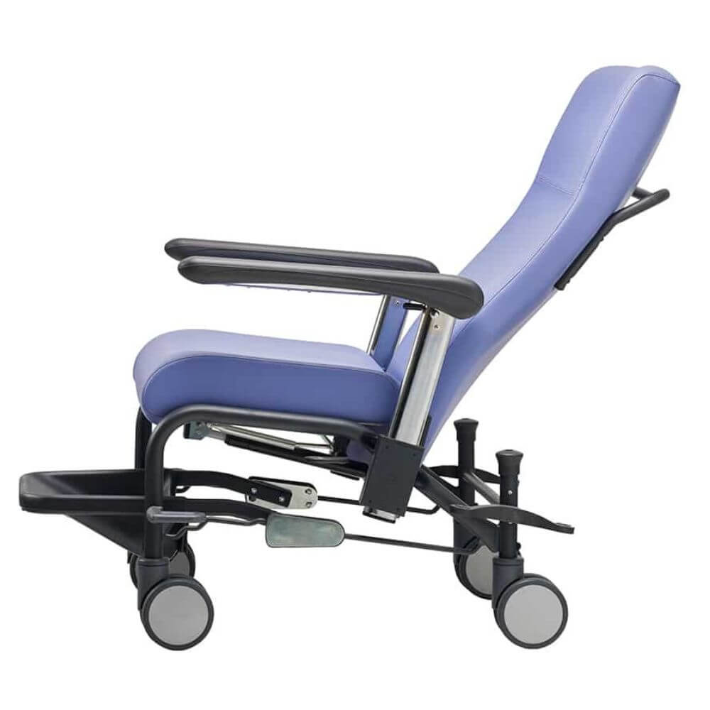 Mobile Clinical Transfer Chair with Reclining Backrest side view highlighting adjustable reclining backrest and wheeled frame