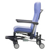 Image of Mobile Clinical Transfer Chair with Reclining Backrest upright side profile with padded armrests foot tray and locking wheels