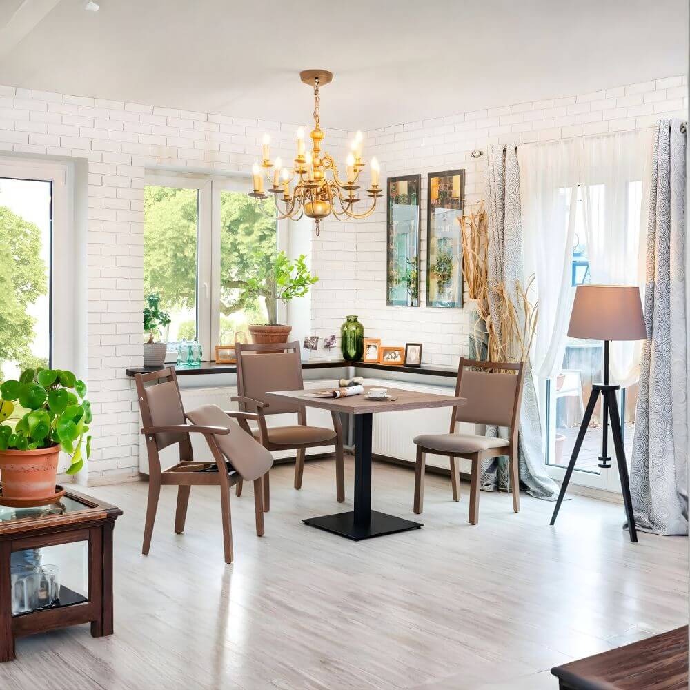 Multiple wooden dining stand assist chairs and a dining table arranged in a typical family dining layout