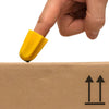 Image of Nimble Finger Mounted Opener with Safe Ceramic Blade cutting cardboard box tape using fingertip tool