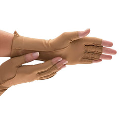 Open Finger Compression Gloves for Arthritis and Hand Pain Relief beige fingerless gloves worn on hands showing stretch fit