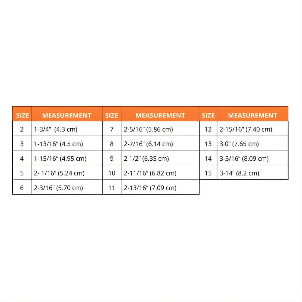 Oval 8 Finger Splint Kit for PIP and DIP Joint Support size chart with measurements for selecting correct fit