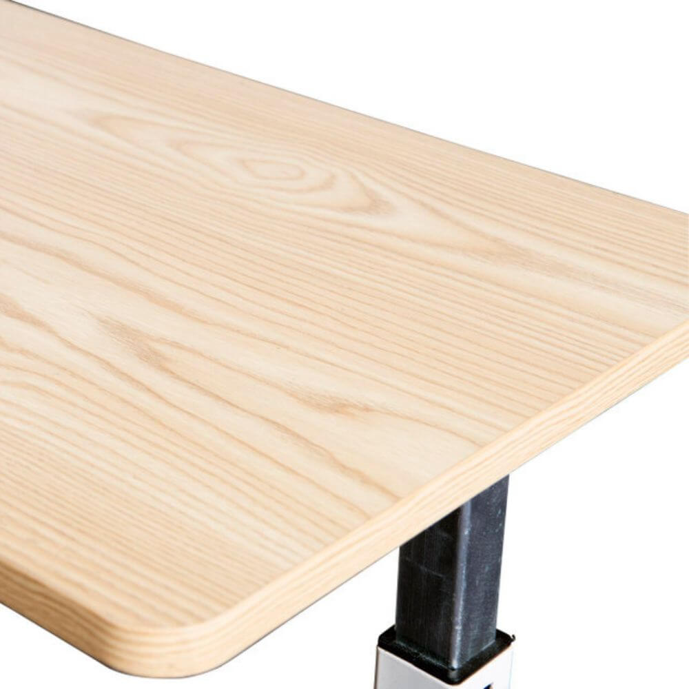 Overbed Table with Gas Lift 90 x 39cm close up of wood grain tabletop with rounded corners