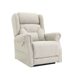 Petite Quad Motor Electric Lift Recliner Chair with Footrest Extension cream fabric lift recliner chair angled front view