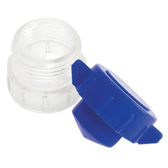 Pill Crusher Grinder with Storage - Easy Grip for Arthritis opened showing blue crushing cap and clear screw storage container
